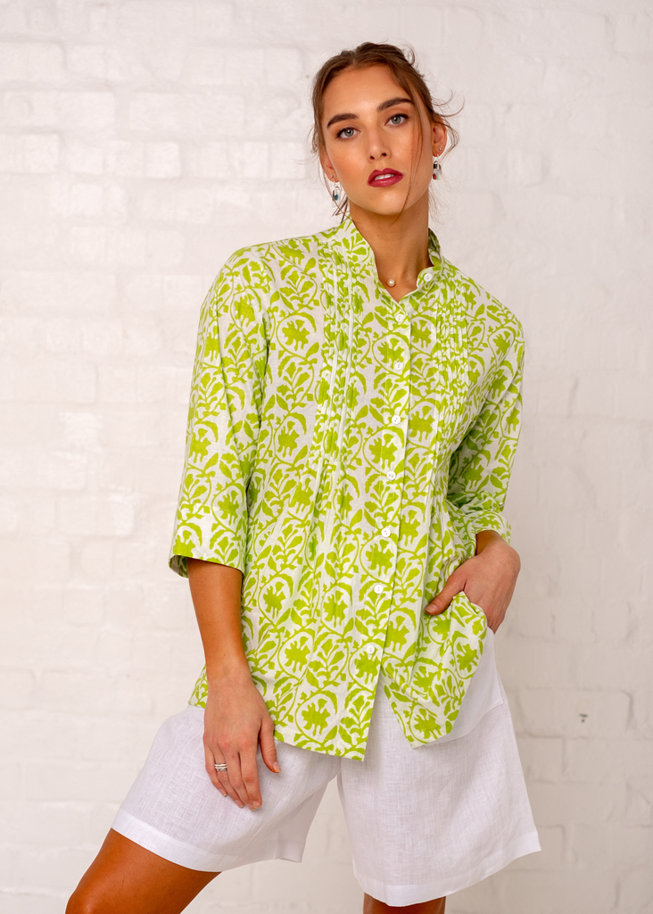 Chinese Collar Button Down Shirt in Lime Ikat