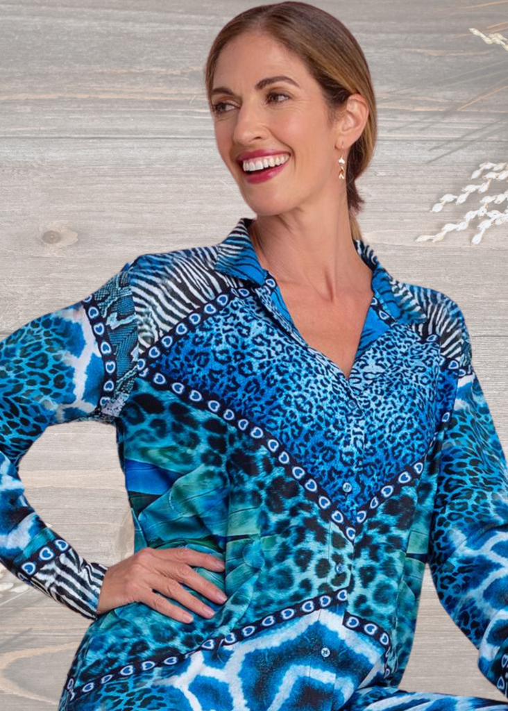 Button down blouse in Blue Animal Print