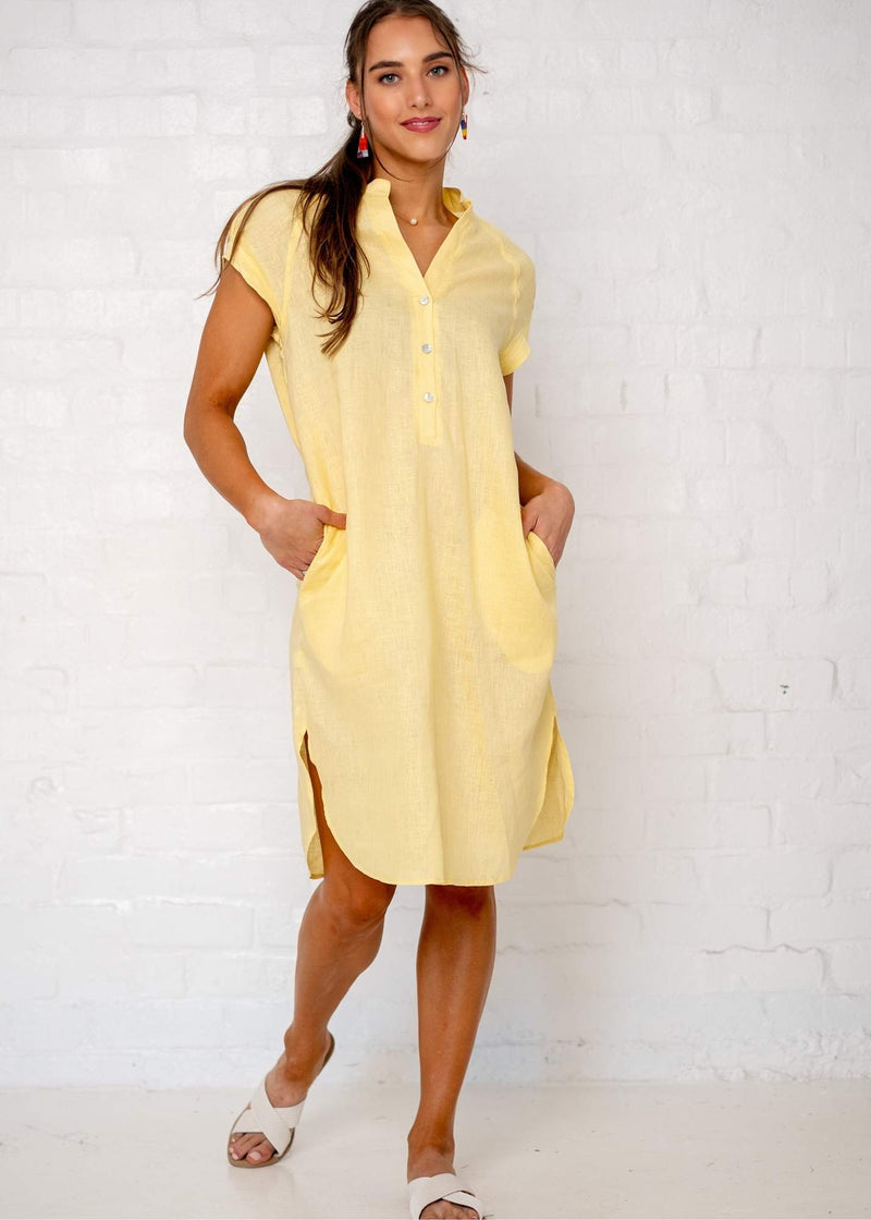 Ava Dress with Short Puff Sleeves in Butter Yellow 100% Linen