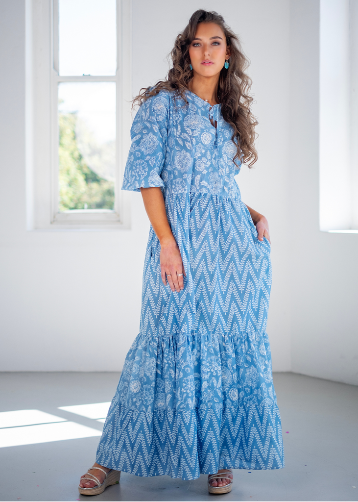 Petal dress in Blue and White Floral and Zig Zag