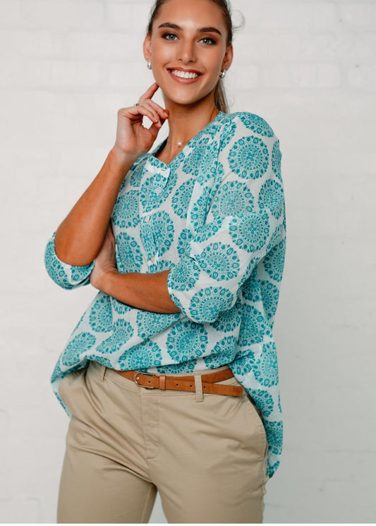 Lauren Comfy top, Turquoise  Circles