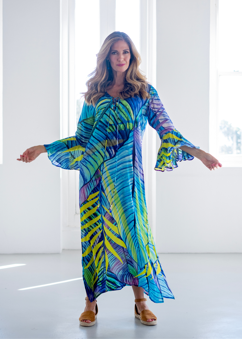 Angelica Dress in Blue and Green Leaves. **Pre-Order End of November 2024**