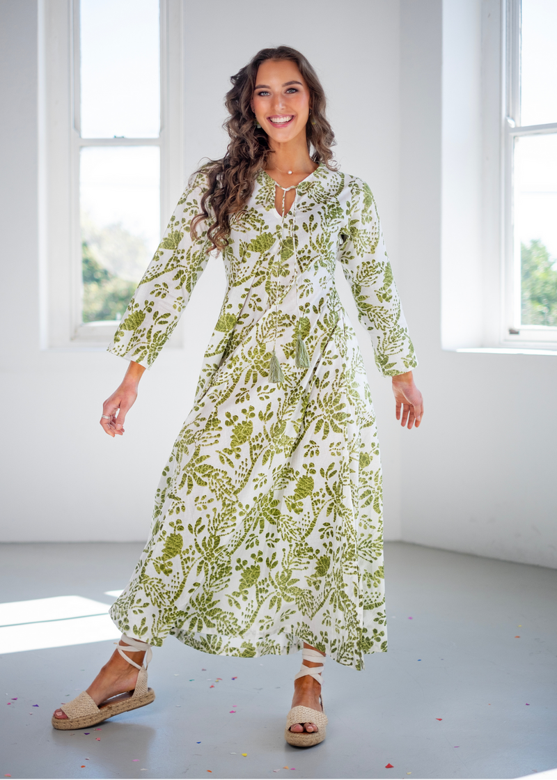 Asta Dress in Green and White Ikat