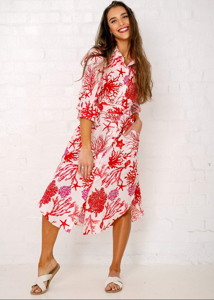 Laura Shirt Dress Red and White Coral Print - Available 6 December 2024