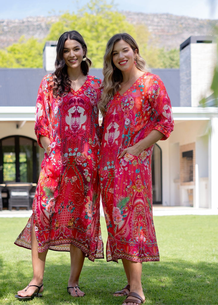 Gloria Dress with Tucked Sleeve Detail in Red Floral