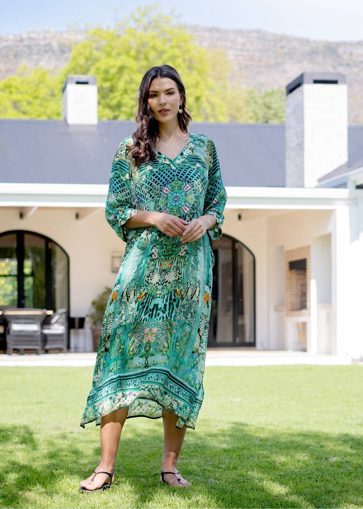 Gloria Dress with Tucked Sleeve Detail in Seagreen Print