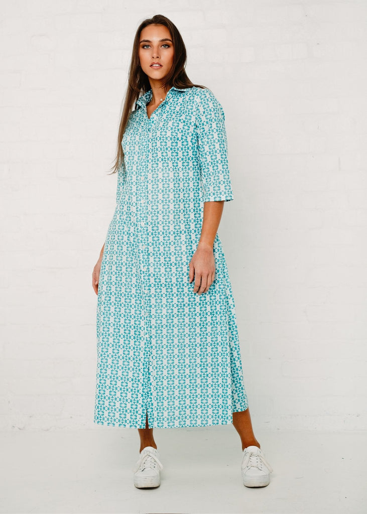 Betty Button dress, Blue Tile