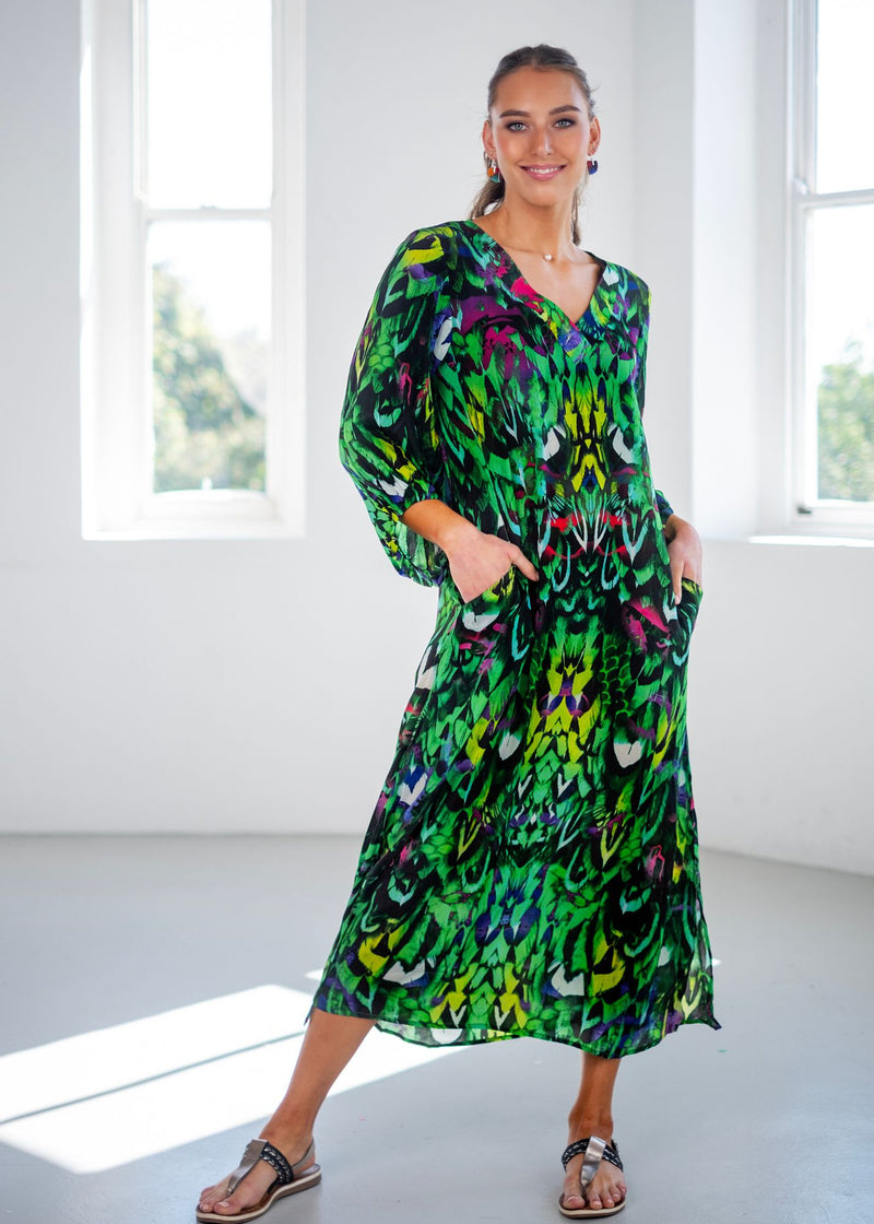 Gloria Dress with Puff Sleeve Detail in Green Jungle