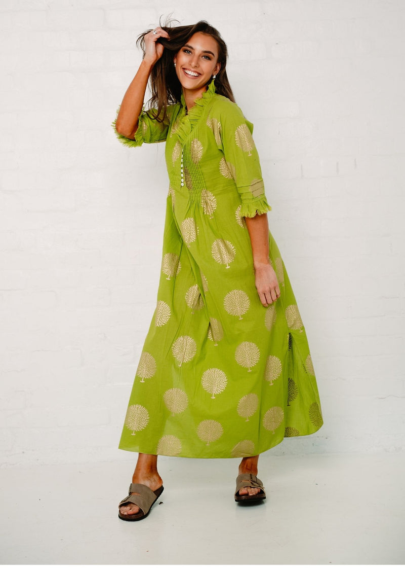 Sarah dress in Lime with Gold Tree (Long Length)