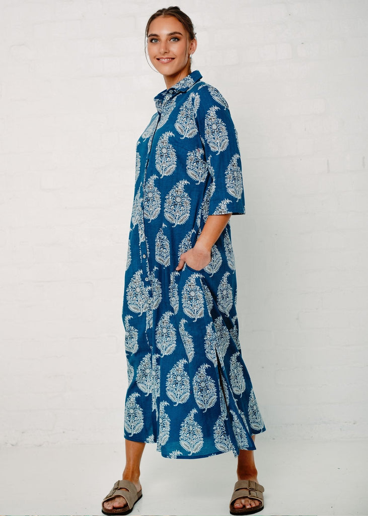 Betty Button dress, Blue Paisley