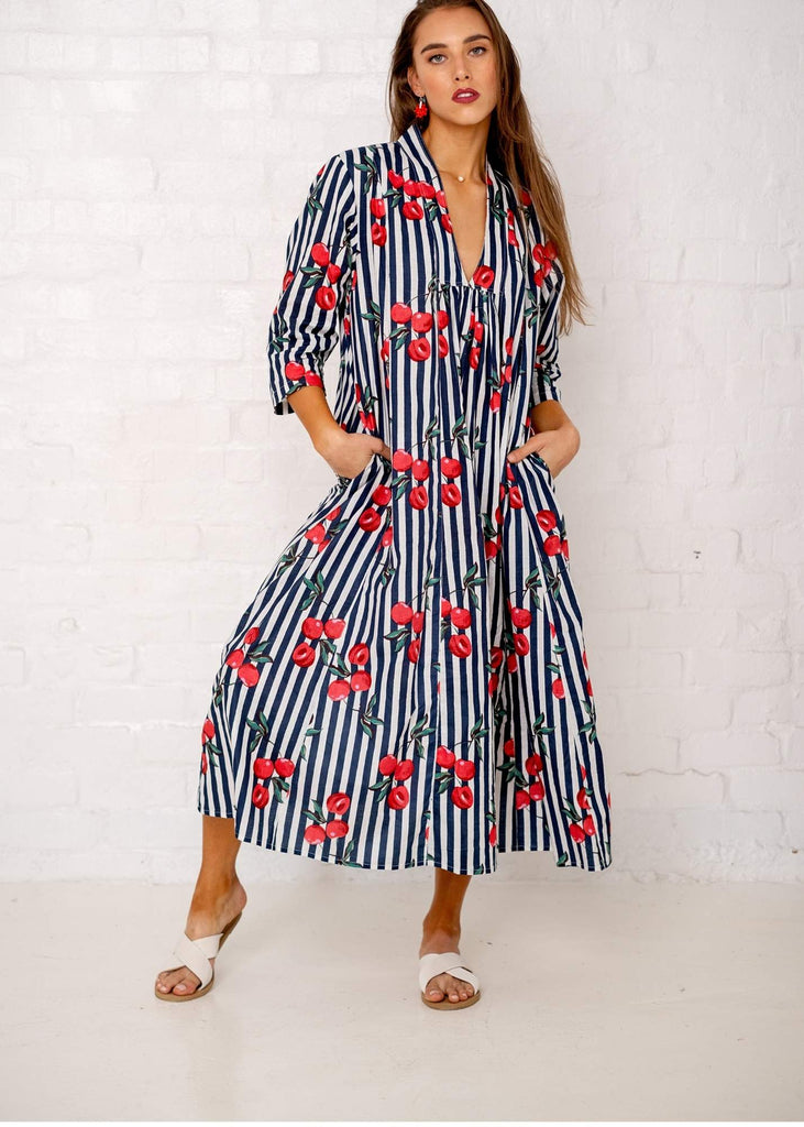 Ivy Dress, Navy Cherry Candy Stripes - Available 6 December 2024