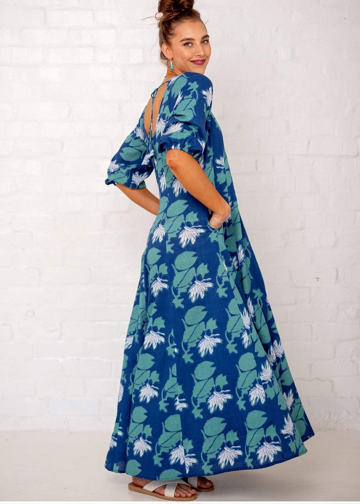 Tamsyn Dress,  Blue, White and Turquoise Print - Available 6 December 2024