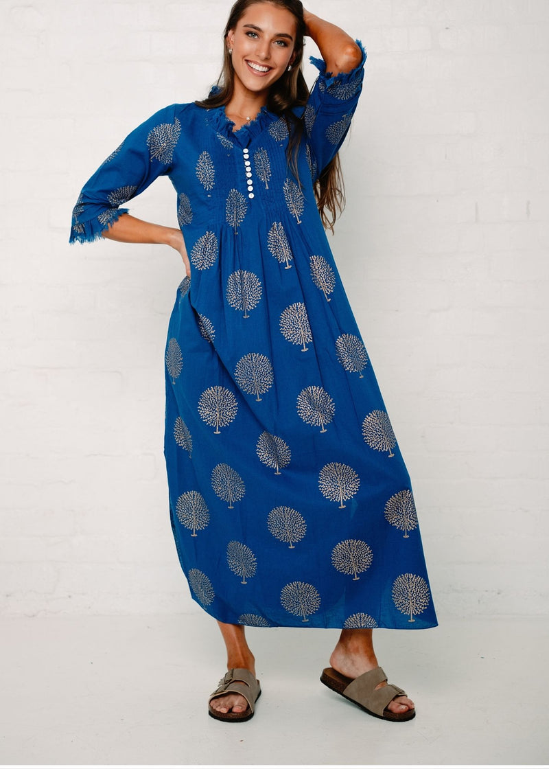 Sarah dress in Blue with Gold Tree (Long Length)