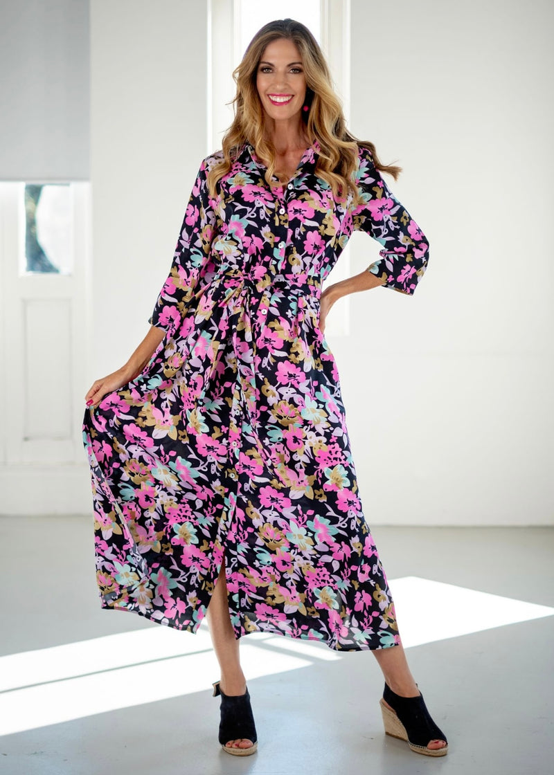 Betty Button dress, Black with Pink floral