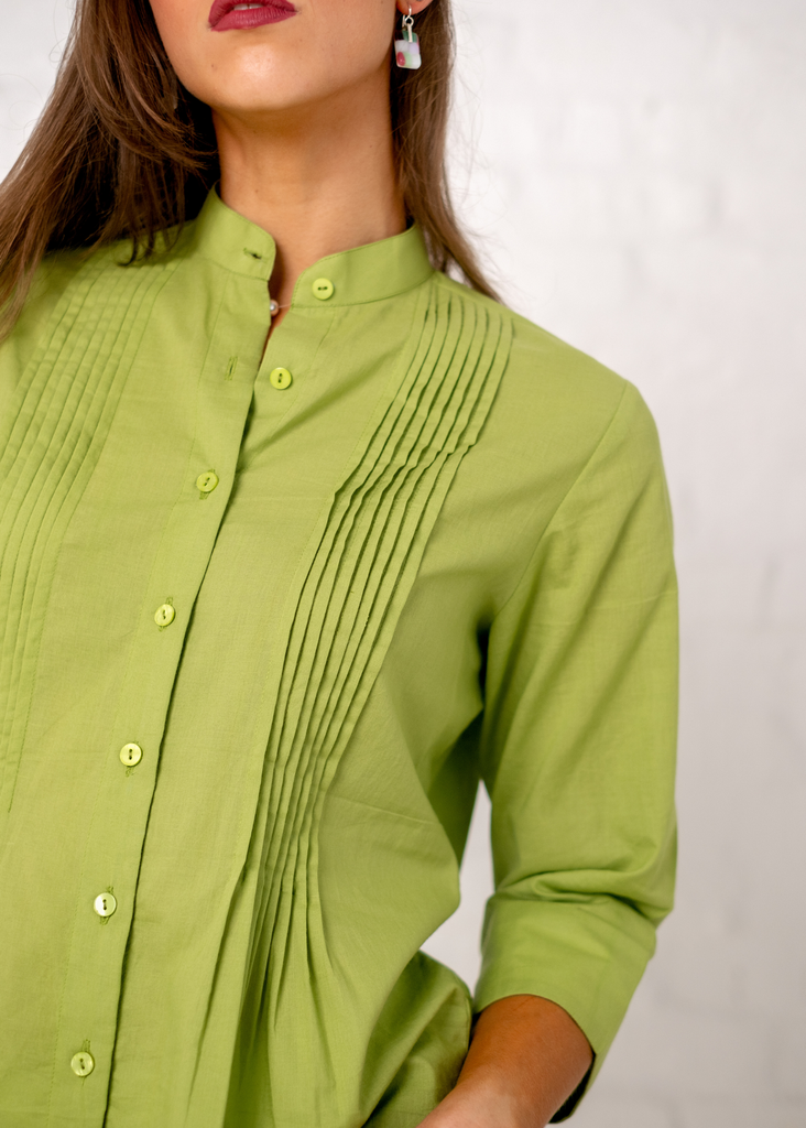 Chinese Collar Button Down Shirt in Lime