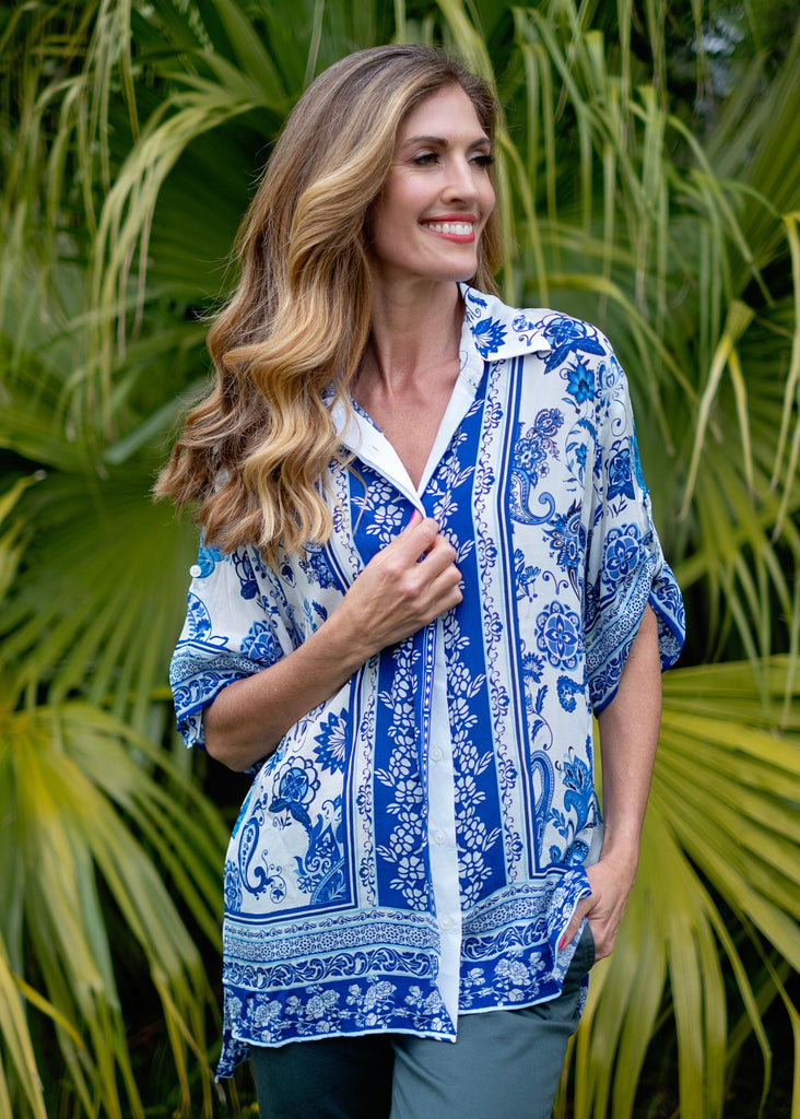 Myla Button down blouse in Blue Floral