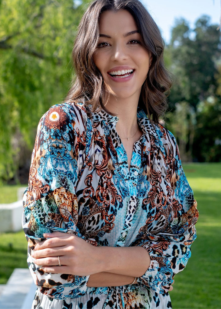 Raglan button down blouse in Turquoise Animal Print