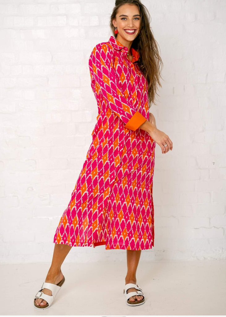 Emma dress in Orange and Pink Beehive Pattern