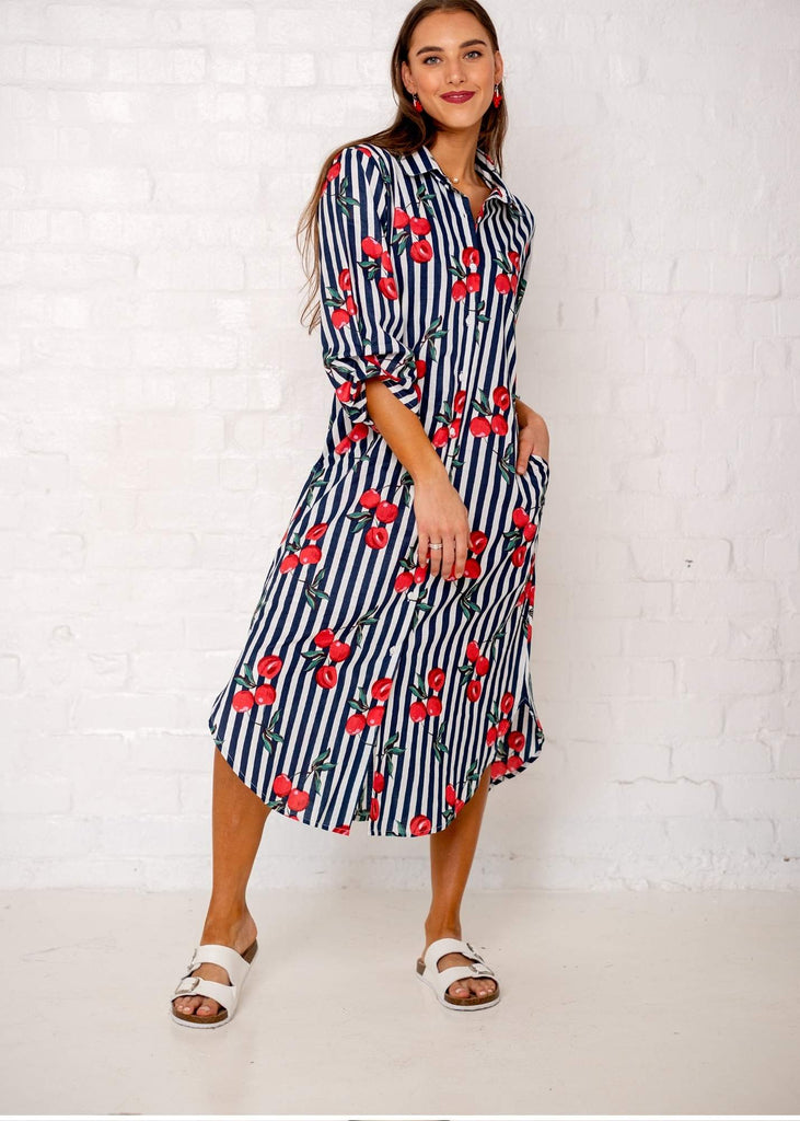 Laura Shirt Dress - Red Cherry with Black and White Candy Stripes Available 6 December 2024