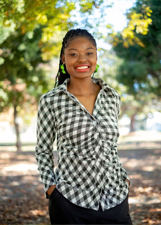 Tara Button Down Shirt in Black and White Houndstooth