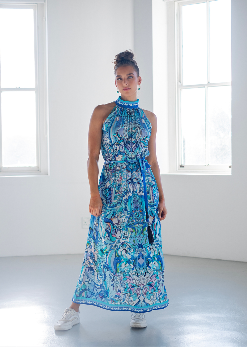 Brooke Dress in Turquoise and Blue Bird