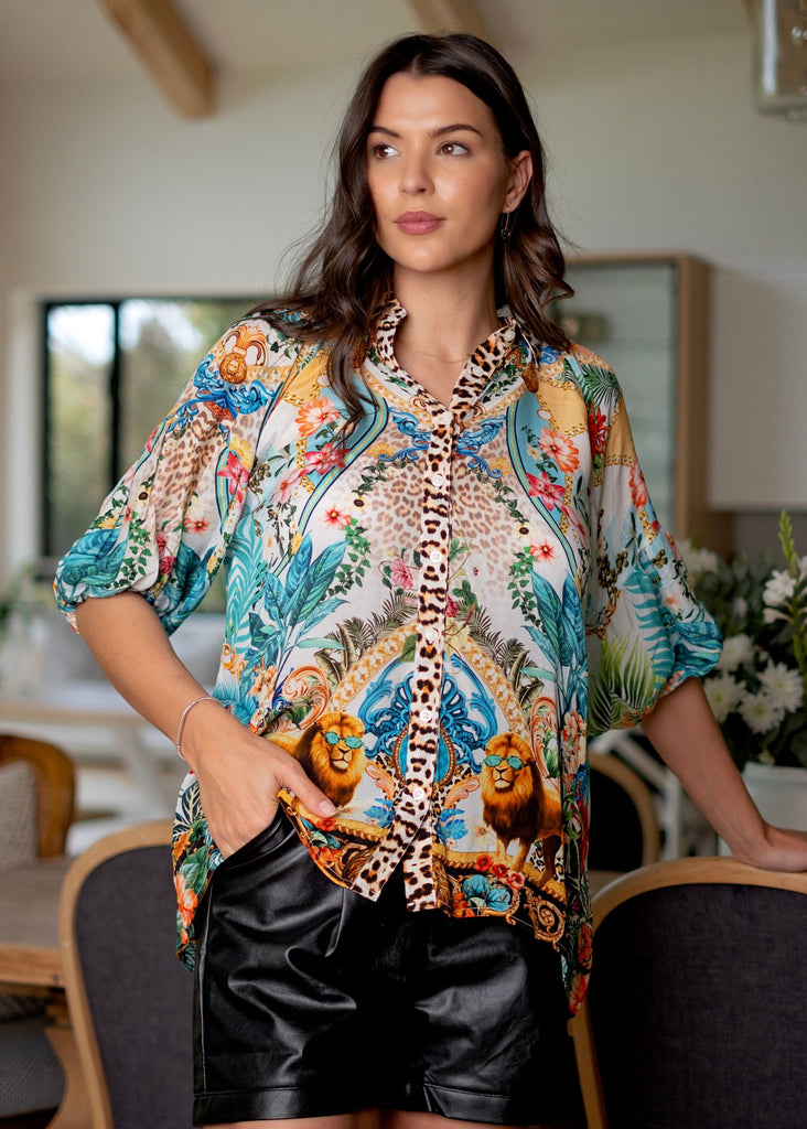 Raglan button down blouse in Turquoise Lions