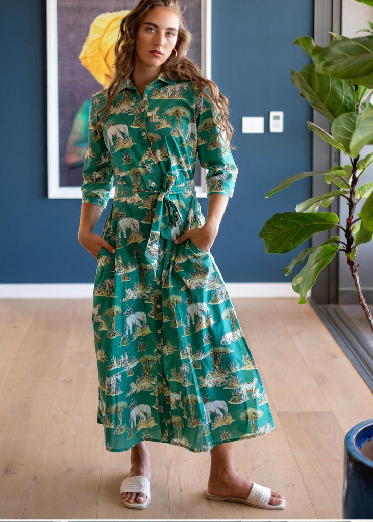 Betty Button dress, Teal Jungle