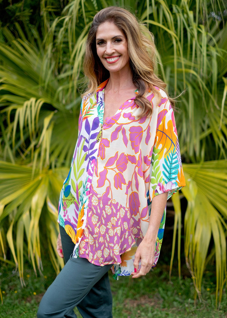 Molly Button down blouse in Rainbow Leaves