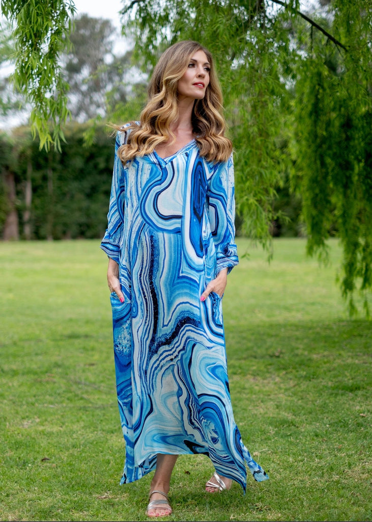 Gloria Dress with Tucked Sleeve Detail in Blue Marble