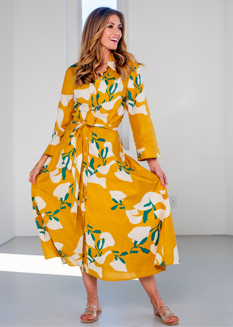 J-LO Dress, Mustard with Green Leaves