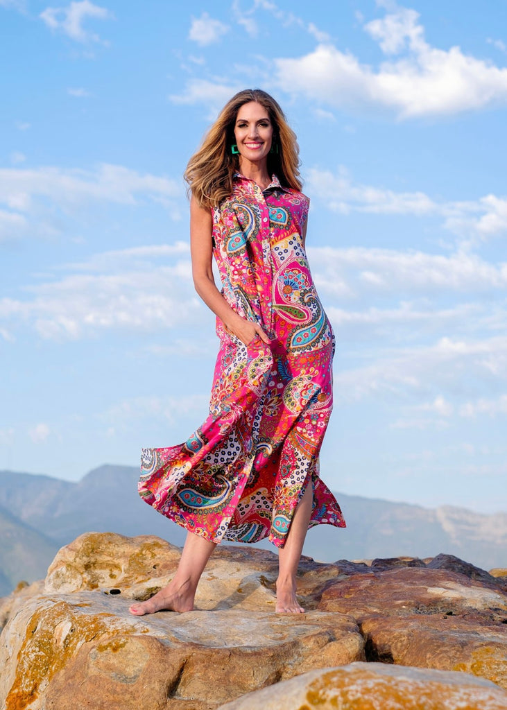 Claudia dress, Pink bold paisley