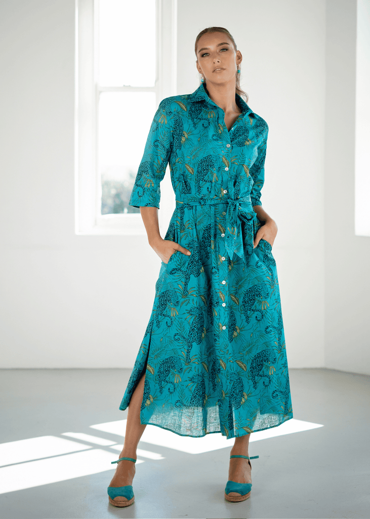 Betty Button dress, Teal Leopard