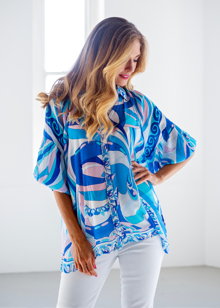 Raglan button down blouse in Blue Waves