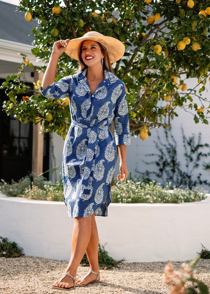 Gaby dress in Blue with white Bold Paisley