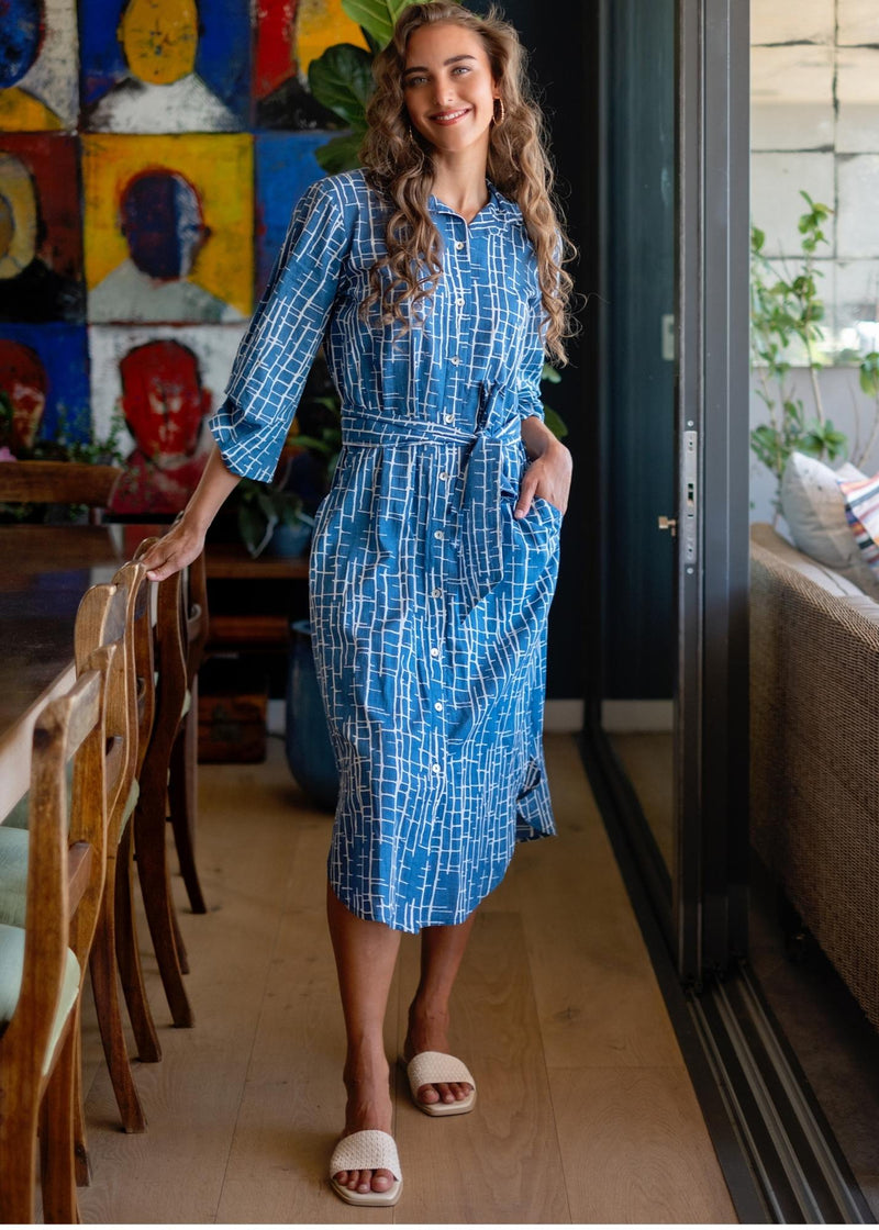 Laura Shirt Dress in Blue with White Broken Stripes