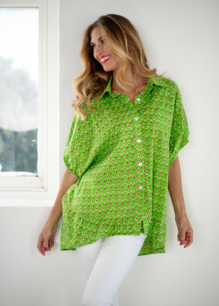 Athina blouse in Lime and Red Motif