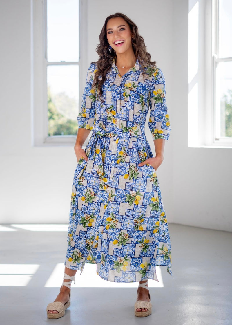 Betty Button dress, White and Blue with Lemons