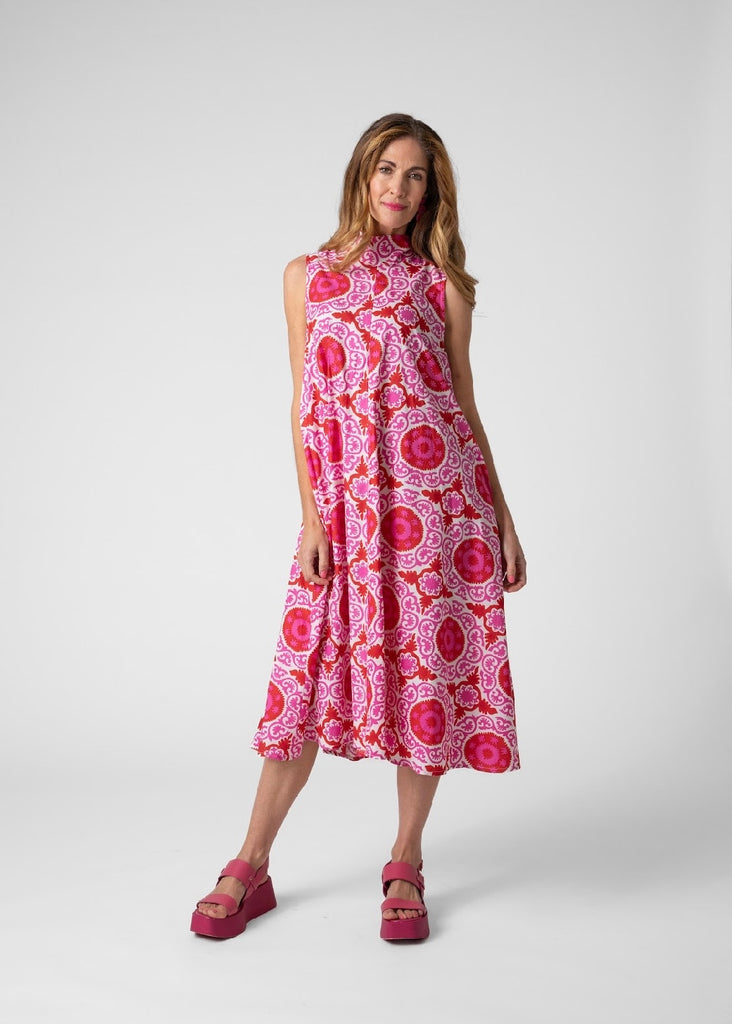 High Neck Tie dress, Pink & white circles