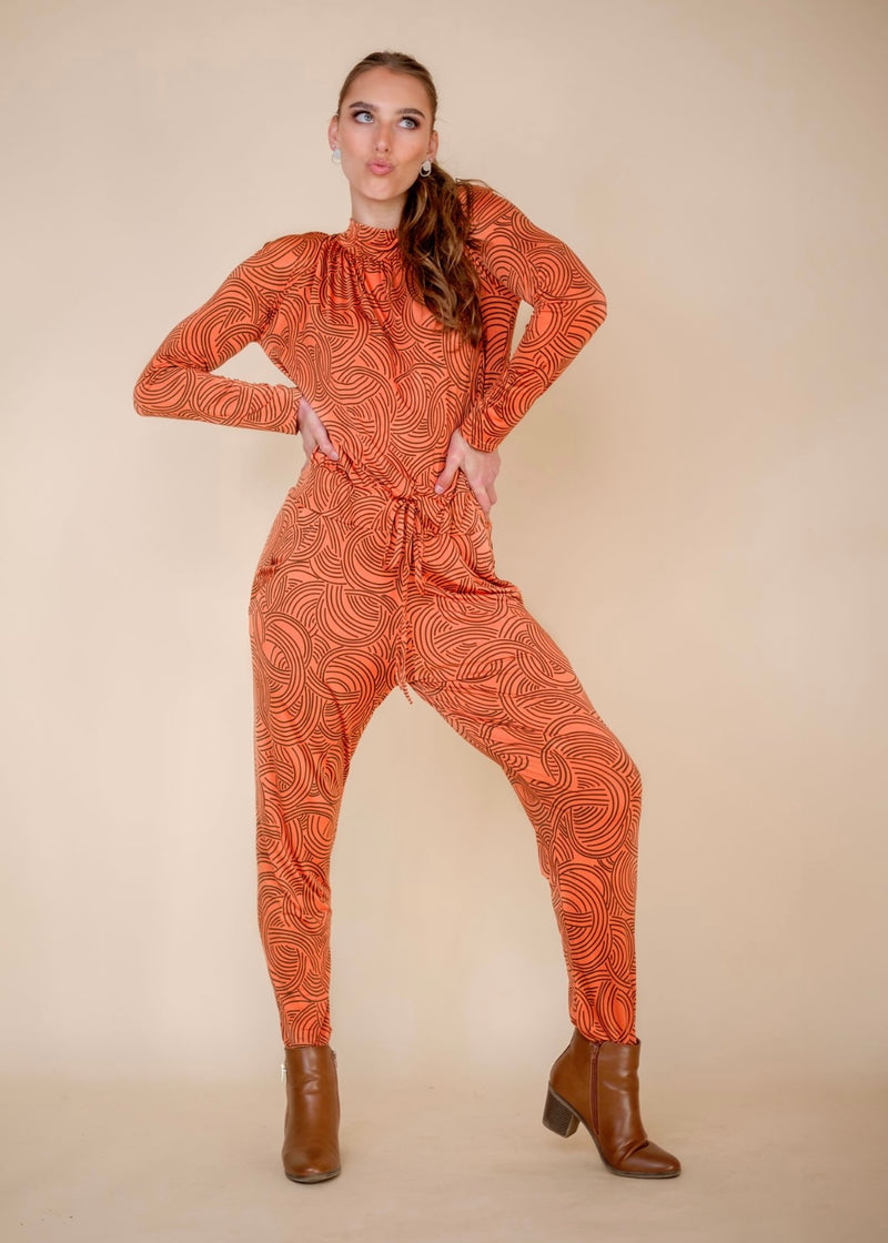 Halter neck winter jumpsuit, Rust and Brown Circle