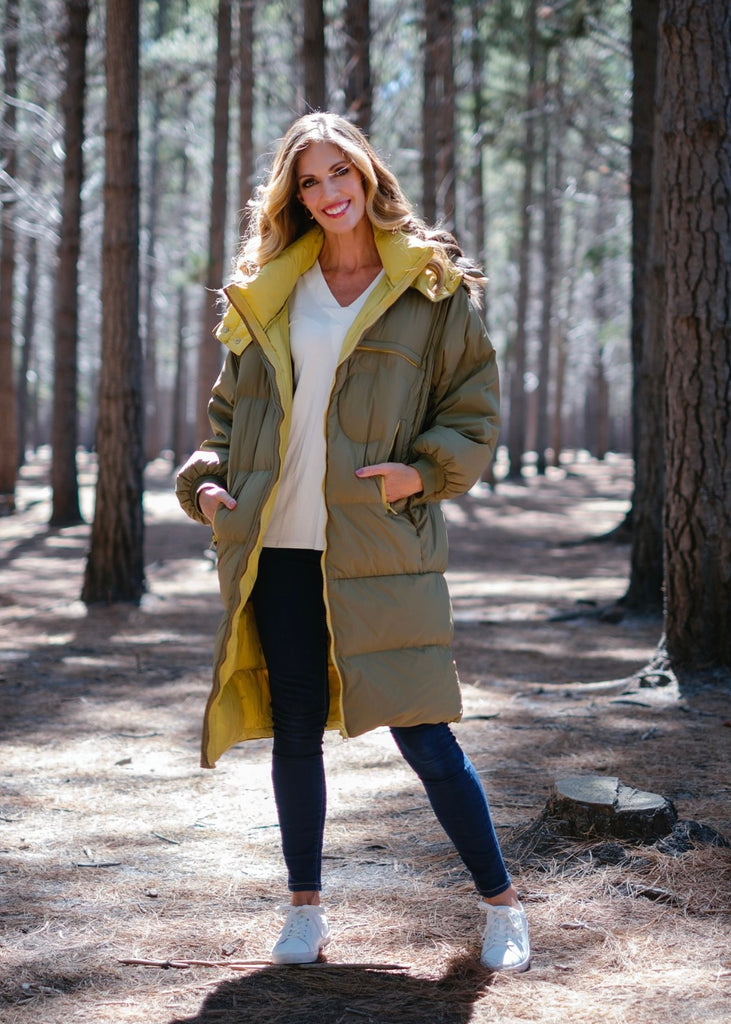 Long length down puffer jacket in Khaki with Mustard inner