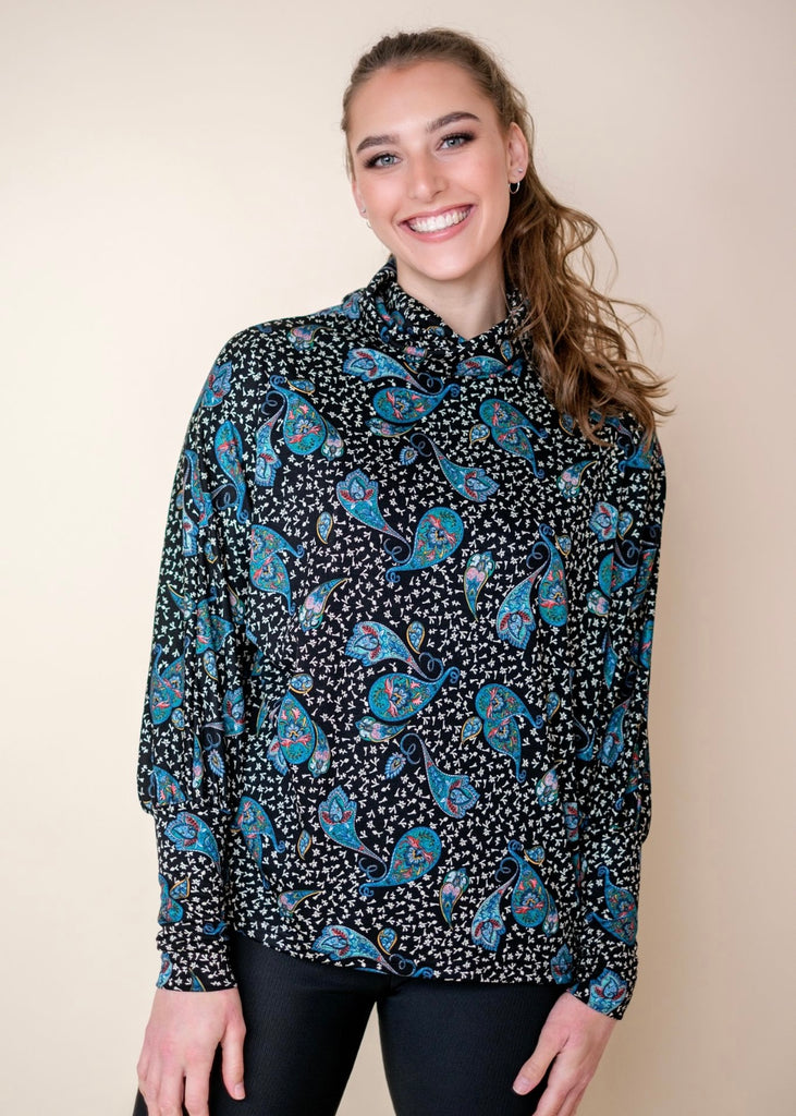 Cosy Cowl Top ,  Black with Jade Paisley