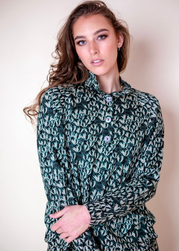 Bonnie Button Sweater, Black and Emerald Leaves