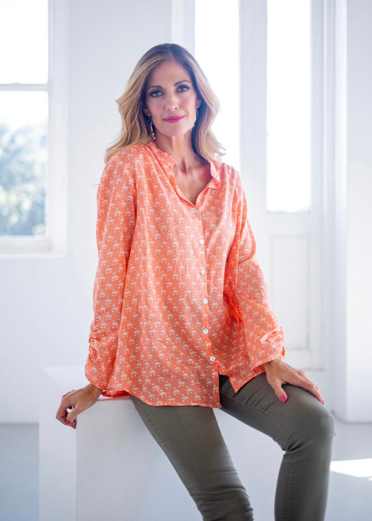 Mandarin Blouse in Coral & white flower