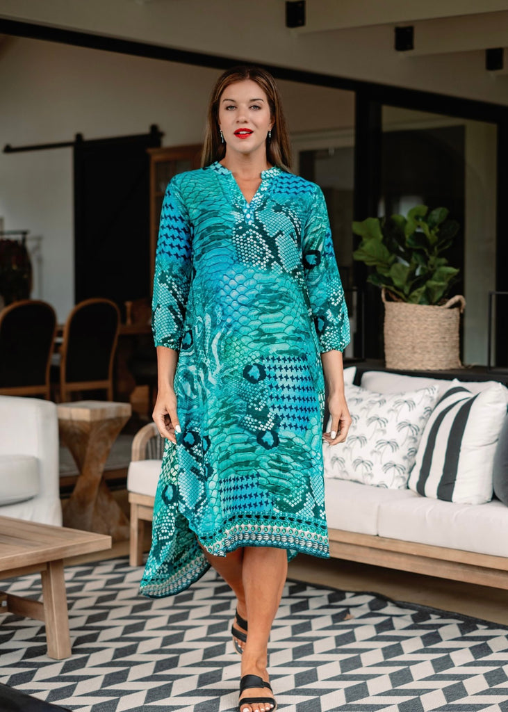 Carli Dress in Aqua Animal Print Iconic Designs Shop