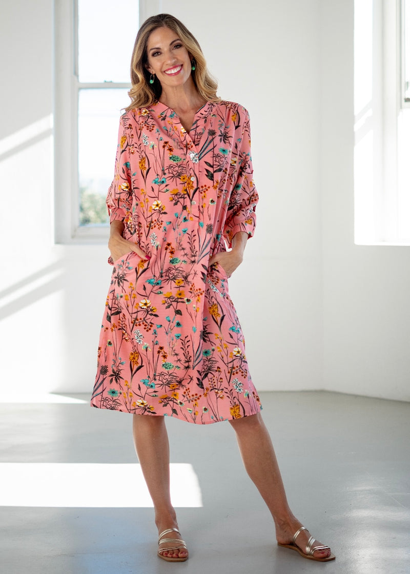 Mandarin Collar Dress in Coral Pink Flowers