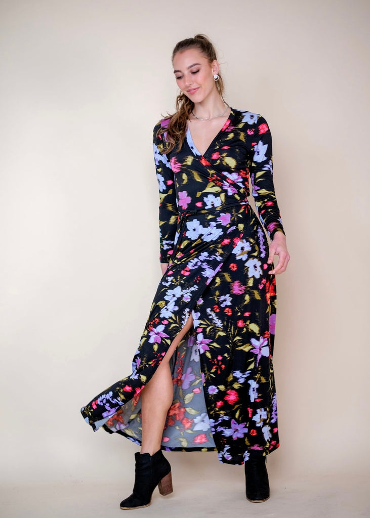 Maxi wrap dress, Black with Flowers