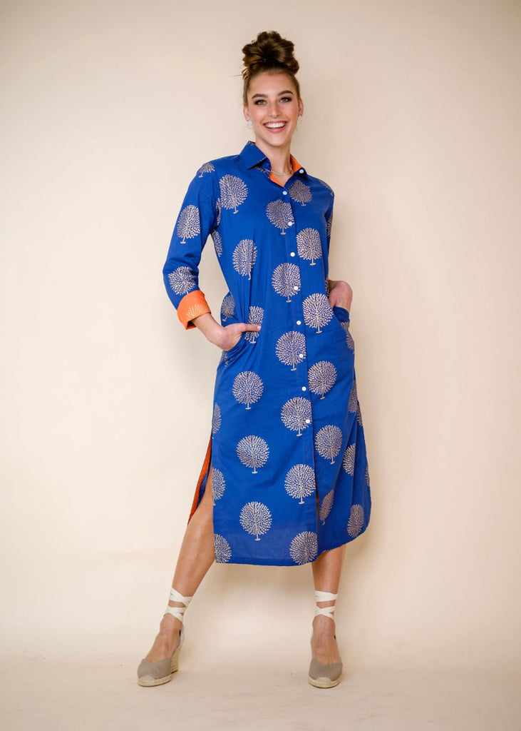 Emma dress in Blue with Gold Trees and Orange contrast