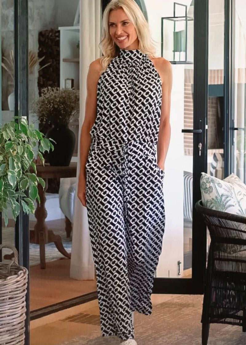 Halterneck jumpsuit,  Black  and White Print Wide Leg