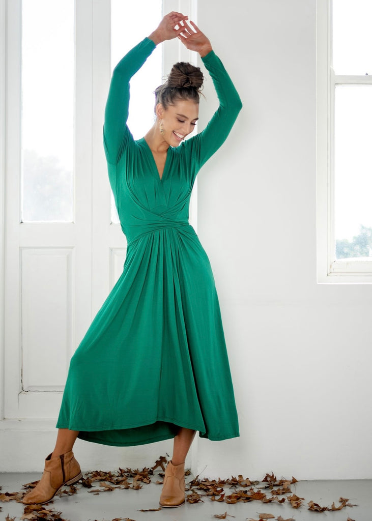 Inge wrap dress - calf length in Emerald