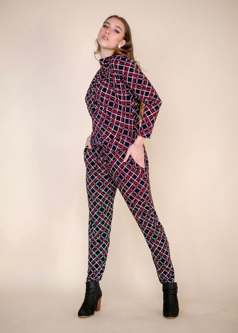 Halter neck winter jumpsuit, Black and Red blocks